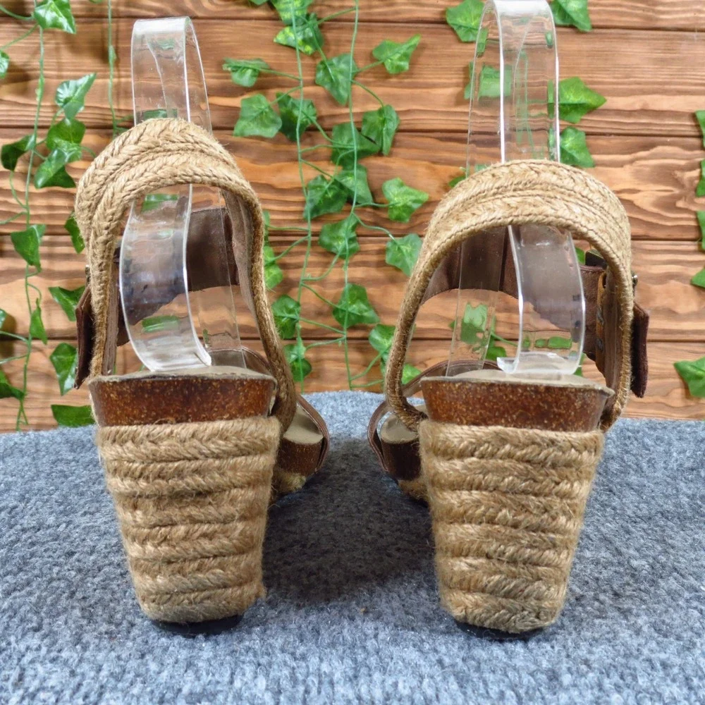 Me Too Knock Women Wedge Sandal Size 8M‎ Casual Summer Espadrille Brown Leather
